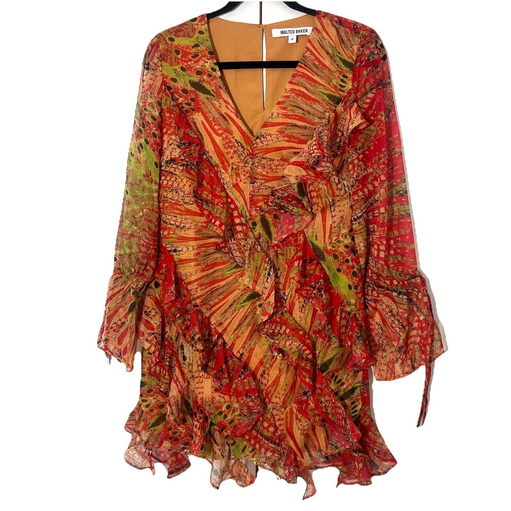 Walter Baker Dress Size 6 Abstract Ruffle V-Neck Forest Fairy Ethereal Boho